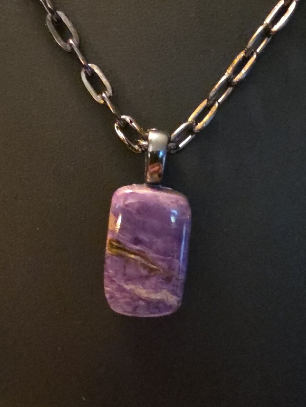 Handmade Charoite Pendant On 18" Black Chain